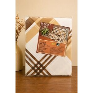 Vintage Sears Sherbet Plaid Retro Full Flat Sheet NOS Brown Tan Cottagecore